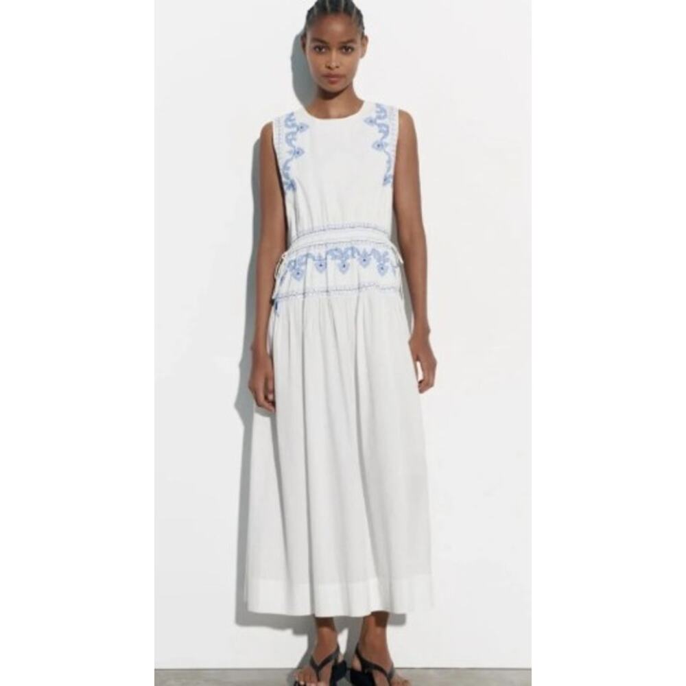 Sunday Up White Midi Dress with Blue Embroidery Sz. S